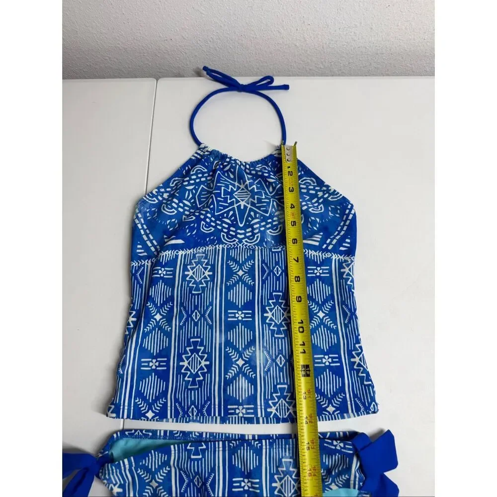 Breaking Waves Girls Size 10 Blue White Tankini Swimsuit 2 Piece UPF Beach Pool